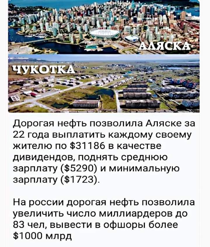 Дорогая нефть позволила Аляске за 22 года выплатить каждому своему жителю по 31186 в качестве дивидендов поднять среднюю зарплату 5290 и минимальную зарплату 1 723 На россии дорогая нефть позволила увеличить число миллиардеров до 83 чел вывести в офшоры более 1000 млрд