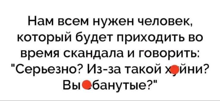 Нам всем нужен человек который будет приходить во время скандала и говорить Серьезно Изза такой йни Выббанутые