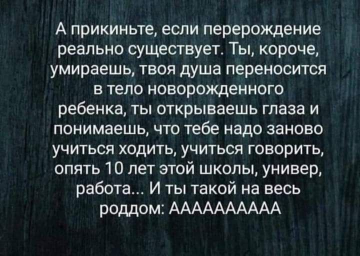 А прикиньте если перерождение реально существует Ты короче умираешь твоя душа переносится в тело новорожденного ребенка ты открываешь глаза и понимаешь что тебе надо заново учиться ходить учиться говорить опять 10 лет этой школы универ работа И ты такой на весь роддом АААААААААА