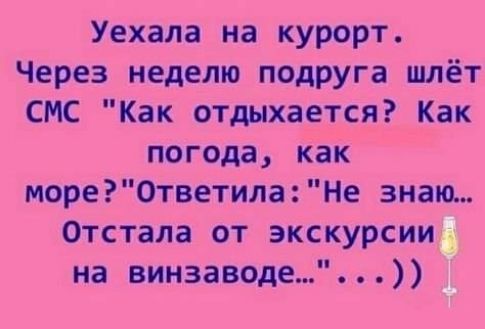 Уехала на курорт Через неделю подруга шлёт СМС Как отдихается Как погода как море Ответила Не знаю Отстала от экскурсииі на винзаводе