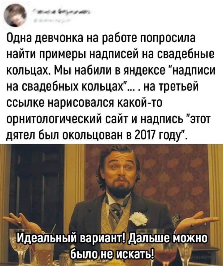 е Одна девчонка на работе попросила найти примеры надписей на свадебные кольцах Мы набили в яндексе надписи на свадебных кольцах на третьей ссылке нарисовался какой то прнитопогический сайт и надпись этот дятел был окопьцован в 2017 году Идеальный вар _ у Ёыпо еискать