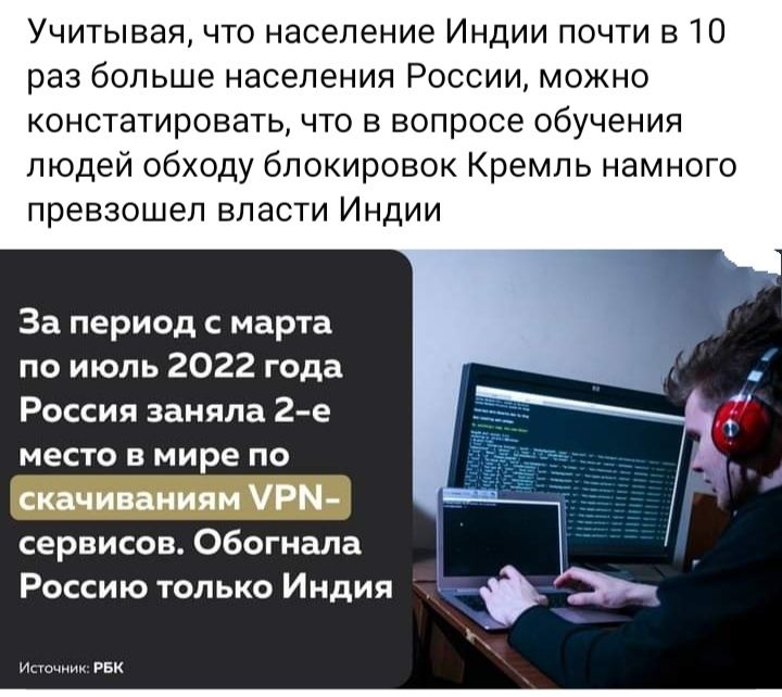 Учитывая что население Индии почти 510 раз бдпьше населения РОССИИ МОЖНО констатировать что в вопросе обучения людей обходу блокировок Кремль намного превзошел ВПЗСТИ ИНДИИ За период с марта по июль 2022 года Россия заняла 2е МЕСТО В мире ПО сервисов обогнала Э Россию только Индия