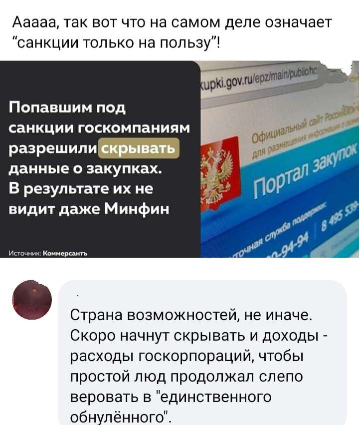 Ааааа так вот что на самом деле означает санкции только на пользу Попавшим под санкции ГОСКОМПЕМИПМ разрешили даиные о закупках В результате их не видит даже Минфин Страна возможностей не иначе Скоро начнут скрывать и доходы _ расходы госкорпораций чтобы простой люд продолжал слепо веровать Е ЕДИНСТВЕННОГО обнуленного