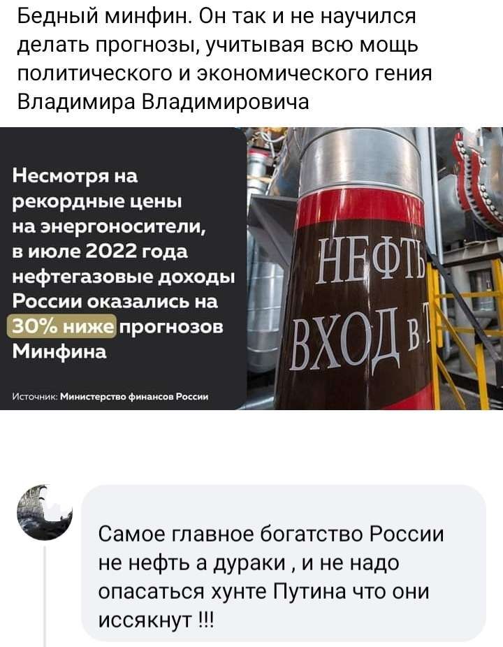 Бедный минфин Он так и не научился делать прогнозы учитывая всю мощь политического и экономического гения Владимира Владимировича Несмотря на рекордные цены на энергоносители в июле 2022 года нефтегазовые доходы России оказались на Минфина Самое главное богатство России не нефть а дураки и не надо опасаться хунте Путина что они иссякнут
