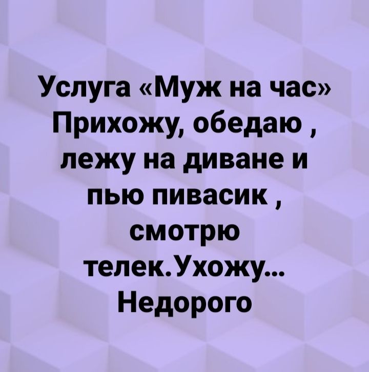 Услуга Муж на час Прихожу обедаю лежу на диване и пью пивасик смотрю тепекУхожу Недорого