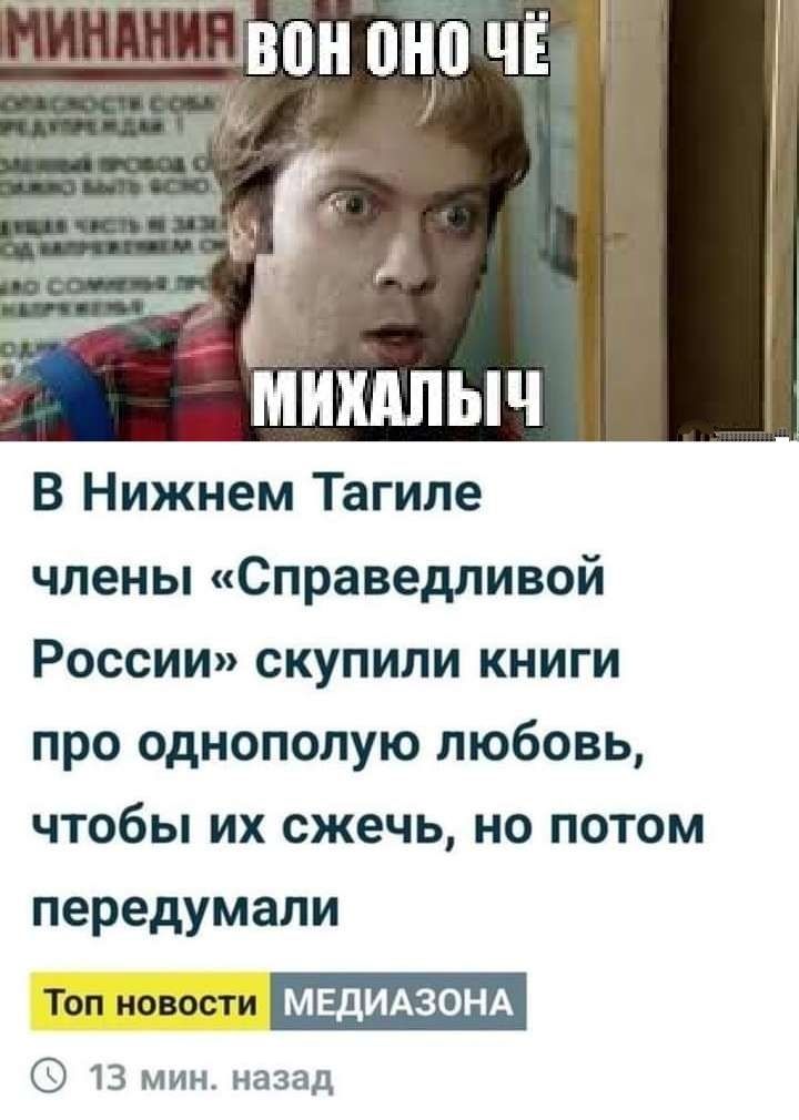 _ Вон оно ЧЁ МИШЫЧ В Нижнем Тагиле члены Справедливой России скупили книги про однополую любовь чтобы их сжечь но потом передумали Топ навести МЕДИАЗОНА 13 мин назад