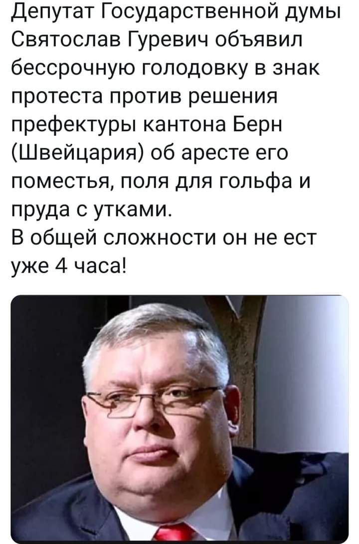 Депутат Государственной думы Святослав Гуревич объявил бессрочную голодовку в знак протеста против решения префектуры кантоне Берн Швейцария об аресте его поместья поля для гольфа и пруда с утками В общей сложности он не ест уже 4 часа