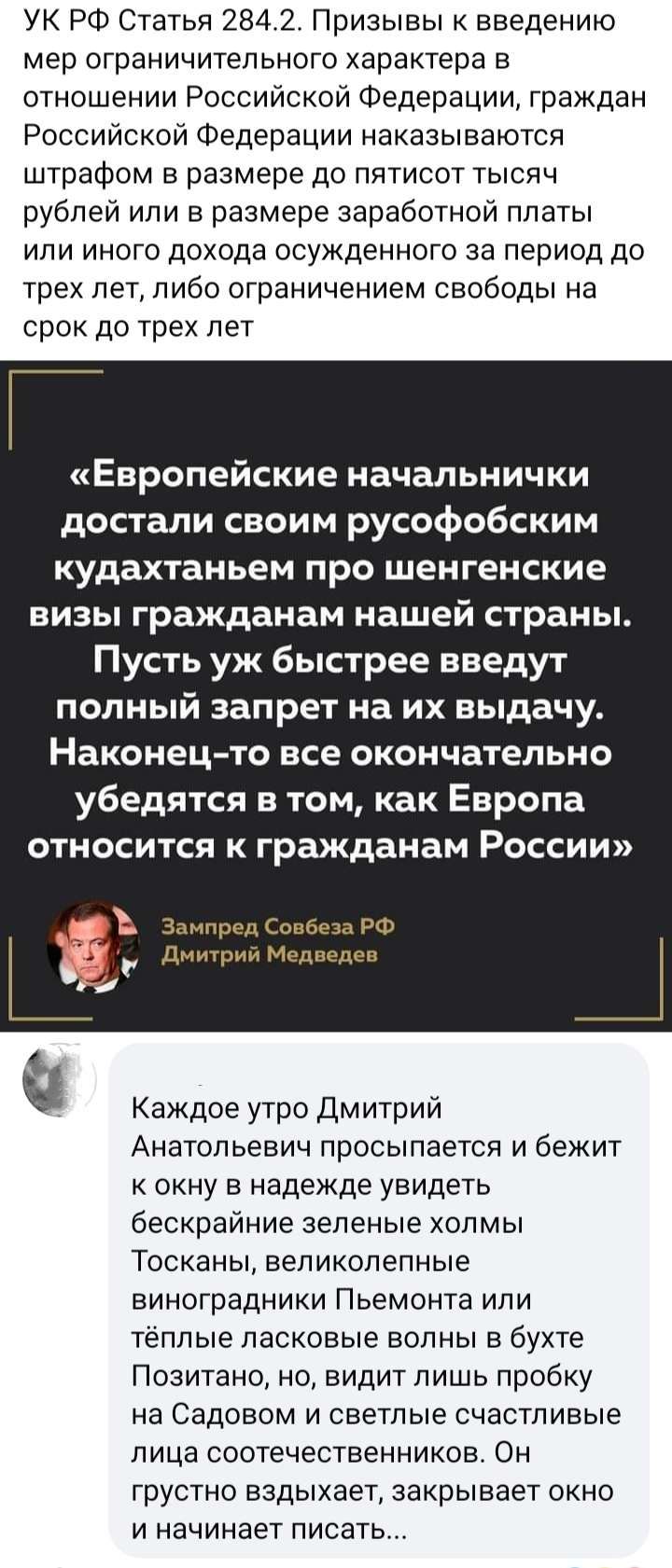 УК РФ Статья 2842 Призывы к введению мер ограничительного характера в отношении Российской Федерации граждан Российской Федерации наказываются штрафом в размере до пятисот тысяч рублей или в размере заработной платы или иного дохода осужденного за период до трех лет либо ограничением свободы на срок до трех лет Г Европейские начальнички достали своим русофобским кудахтаньем про шенгенские визы гра