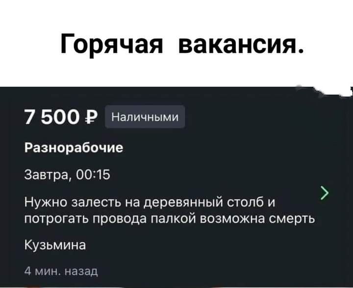 Горячая вакансия 7 500 Р Наличными Разнорабочие Завтра 0015 Нужно зале на деревянный столб и потрогать провода папкой возможна смерть Кузьмина