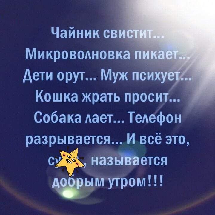 Чайник св Микроводновка дети орут Муж пси Кошка жрать просит Собака дает Телефон разрывается И всё это назьЩется сдштым утром
