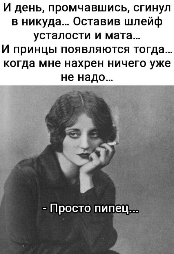И день промчавшись сгинул в никуда Оставив шлейф усталости и мата И принцы появляются тогда когда мне нахрен ничего уже не надо Просто пипец