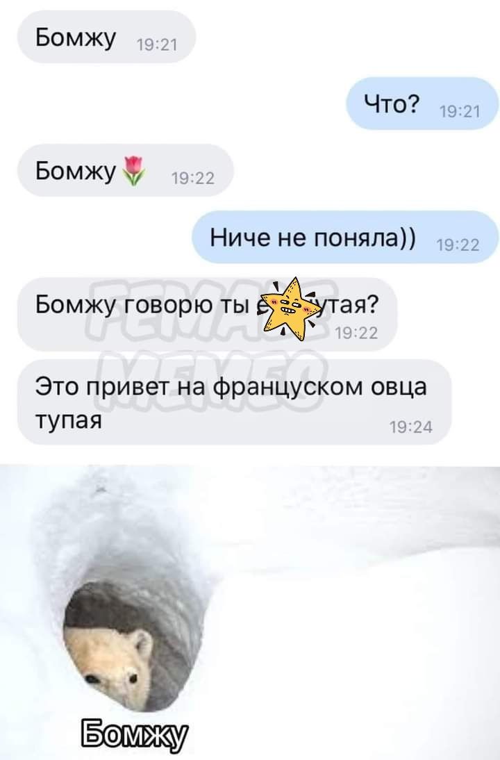 БОМЖУ 921 ЧТО 7921 БМЖУ 15122 Ниче не поняла и Бомжу говорю ты пая _ Это привет на француском овца тупая Бэмжу