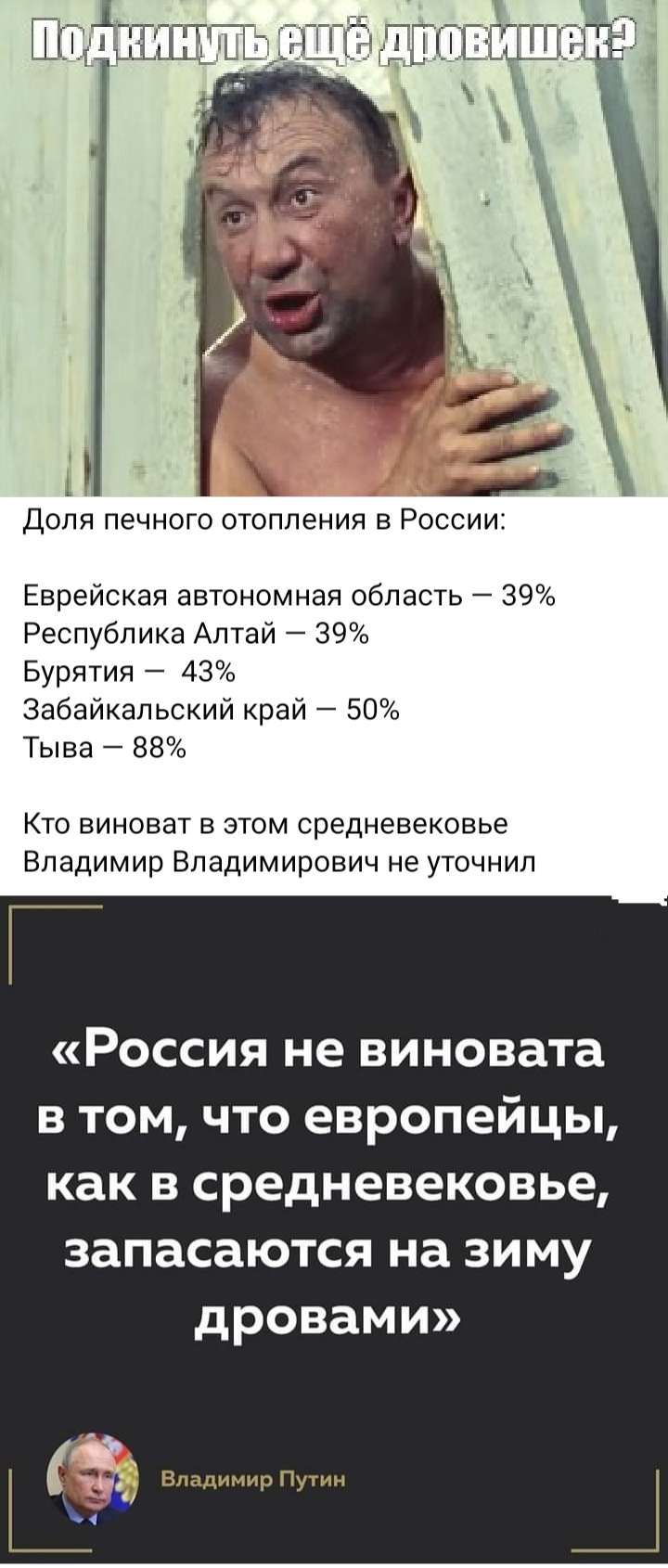 Доля печного отопления в России Еврейская автономная область 39 Республика Алтай 39 Бурятия 43 Забайкальский край 50 Тыва 88 КТО ЕИНОВЗТ В ЭТОМ средневековье Владимир Владимирович не уточнил Россия не виновата в том что европейцы как в средневековье запасаются на зиму дровами