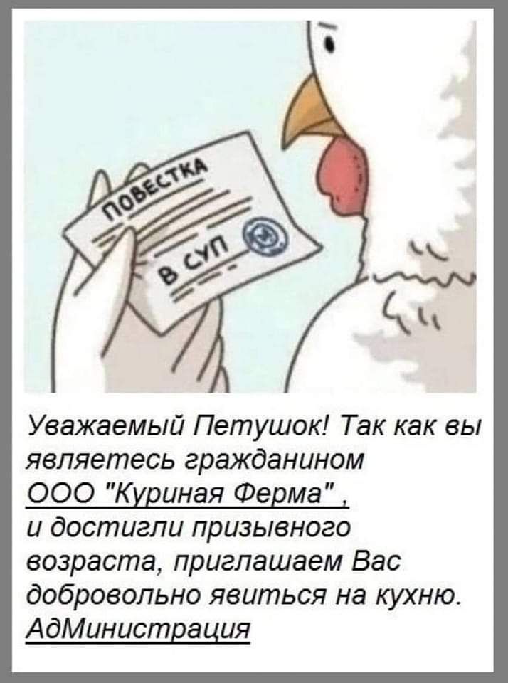 Уважаемый Петушок Так как вы являетесь гражданином ООО Кшиная Ферма и достигли призывного возраста приглашаем Вас добровольно явиться на кухню АдМинистдация