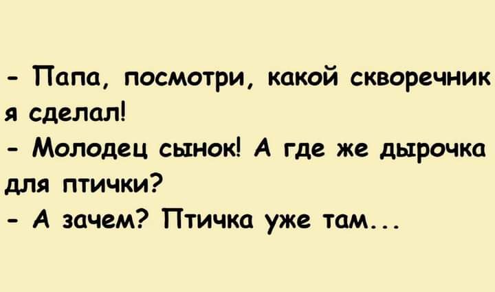 Папа посматри какой скворечник я сделал Молодец сынокі А где же дырочка для птички А зачем Птичка уже там