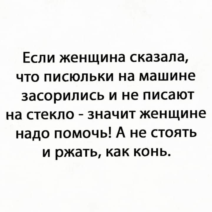 Если женщина сказала что писюльки на машине засорились и не писают на стекло значит женщине надо помочь А не стоять и ржать как конь
