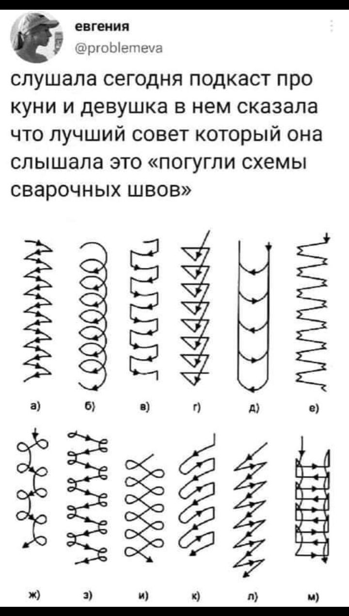 евгения шпиль тем слушала сегодня подкаст про куни и девушка в нем сказала что лучший совет который она слышала это погугли схемы сварочных швов