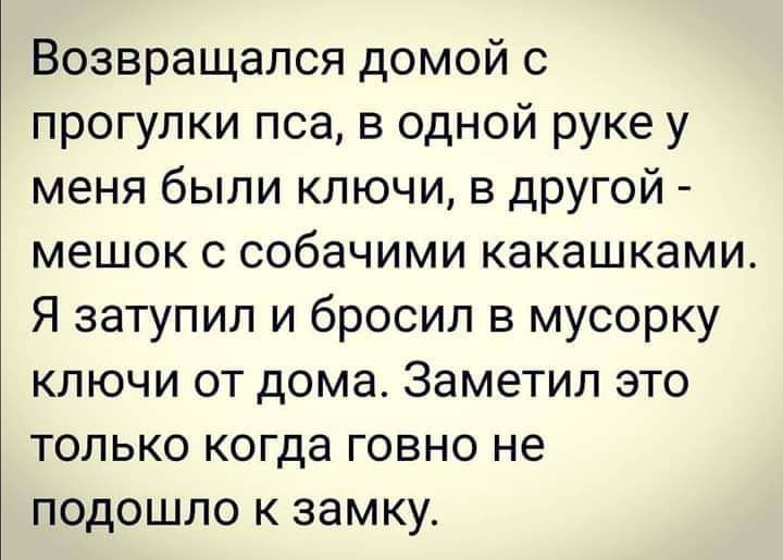 Возвращался домой с прогулки пса в одной руке у меня были ключи в другой мешок с собачими какашками Я затупил и бросил в мусорку ключи от дома Заметил это только когда говно не подошло к замку