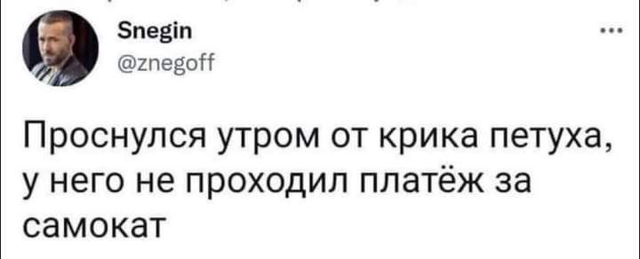 зпедпп Шеёо Проснулся утром от крика петуха у него не проходил платёж за самокат