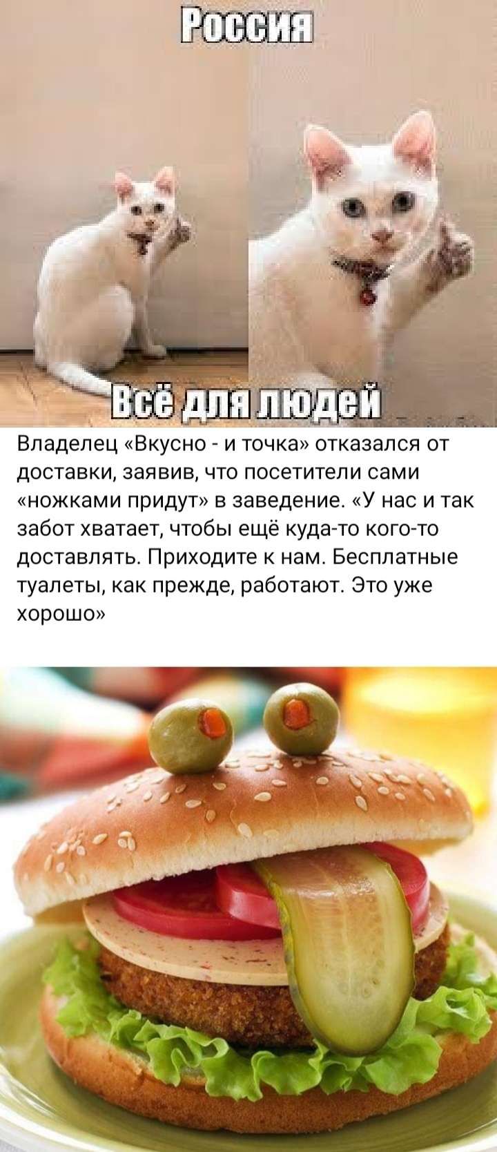 Владелец Вкусно и точка отказался от доставки заявив что посетители сами ножками придут в заведение У нас и так забот хватает чтобы ещё кудато когото доставлять Приходите к нам Бесплатные туалеты как прежде работают Это уже хорошо