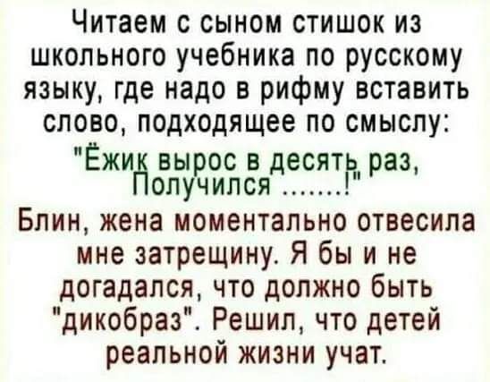 Читаем с сыном стишок из школьного учебника по русскому языку где надо в рифму вставить слово подходящее по смыслу ЁжийёлтёйЁёядЁЁЁТР Блин жена моментально отвесипа мне затрещину Я бы и не догадался что должно быть дикобраз Решил что детей реальной жизни учат