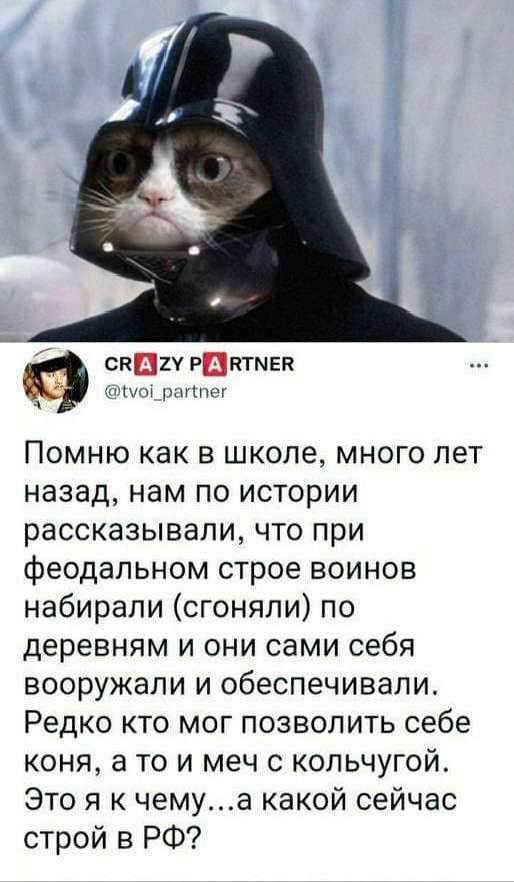 сипи риктмвк у Помню как в школе много лет назад нам по истории рассказывали что при феодальном строе воинов набирали сгоняли по деревням и они сами себя вооружали и обеспечивали Редко кто мог позволить себе коня а то и меч с кольчугой Это я к чемуа какой сейчас строй в РФ