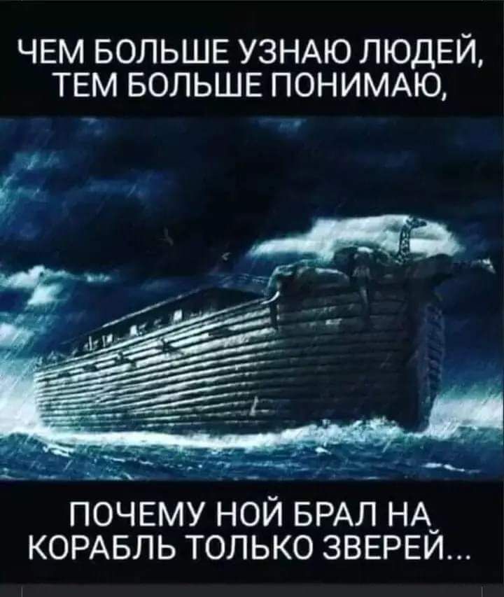 ЧЕМ БОЛЬШЕ УЗНАЮ ЛЮДЕЙ ТЕМ БОЛЬШЕ ПОНИМАЮ ПОЧЕМУ НОЙ БРАЛ НА_ КОРАБЛЬ ТОЛЬКО ЗВЕРЕИ