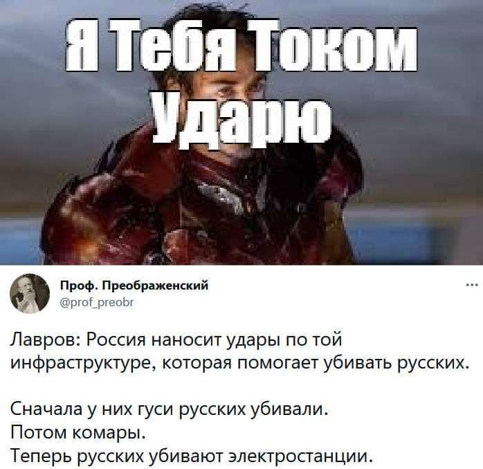 и Тебя Тонои шЁіпю про Прабрд ыний Лавров Россия наносит удары по той инфраструктуре которая помогает убивать русских Сначала у их гуси русских убивали Потом комары Теперь русских убивают электростанции