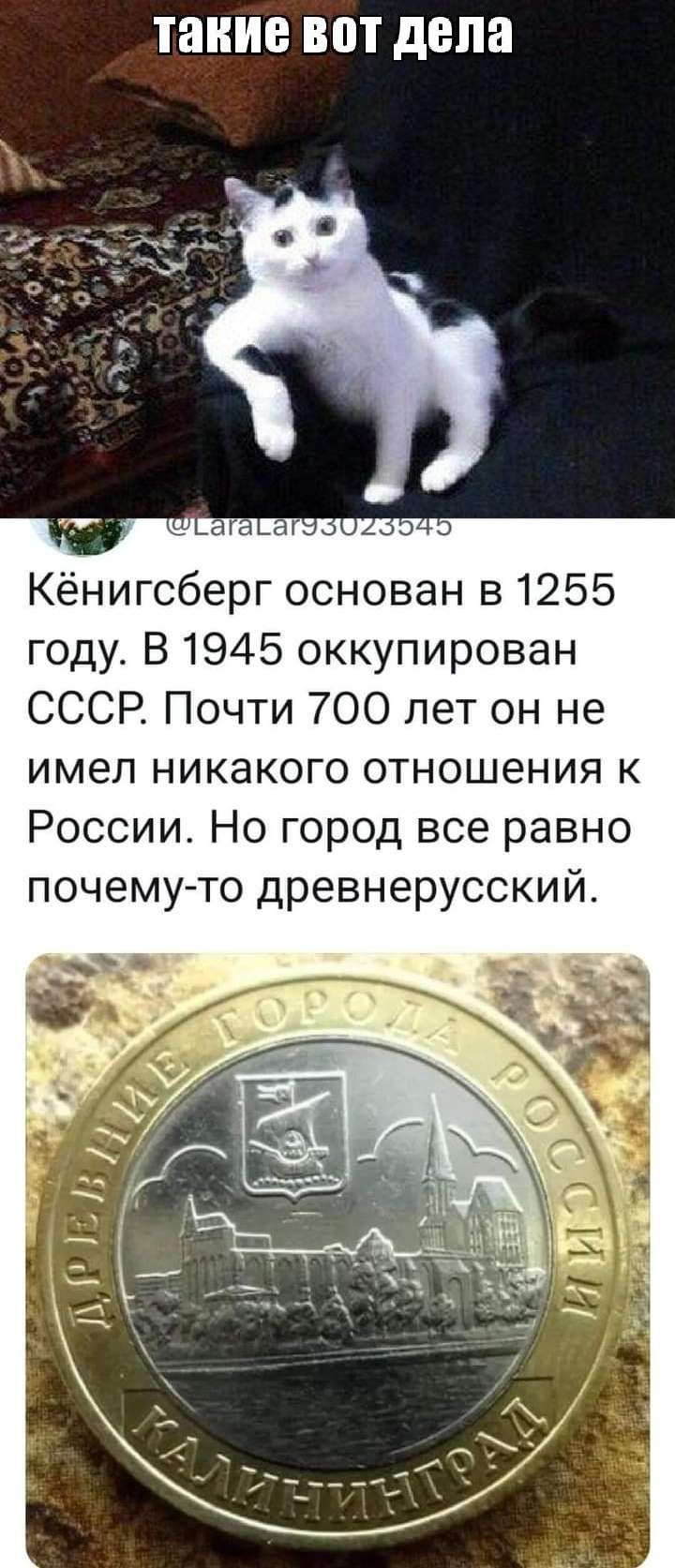 такие ШП дЕПЯ Кёнигсберг основан в 1255 году В 1945 оккупирован СССР Почти 700 лет он не имел никакого отношения к России Но город все равно почему то древнерусский