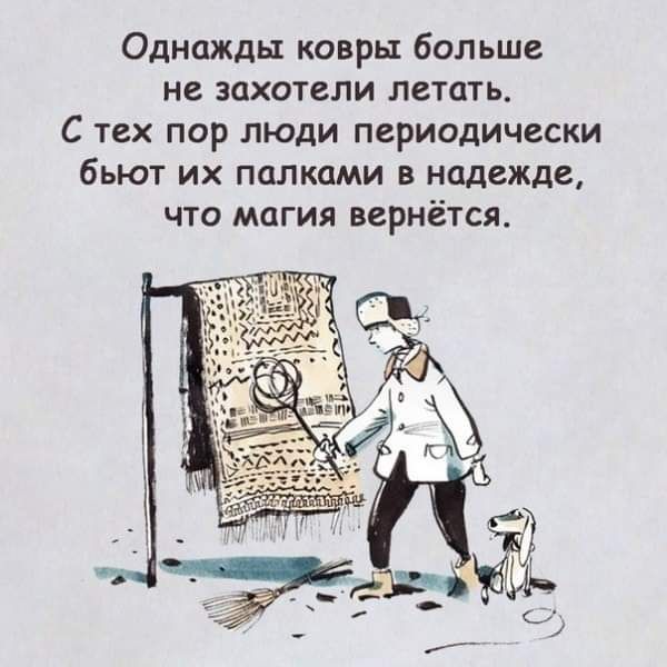 Однажды ковры больше не захотели летать С ТЕХ пор люди периодически бьют их палками в надежде что магия вернётся