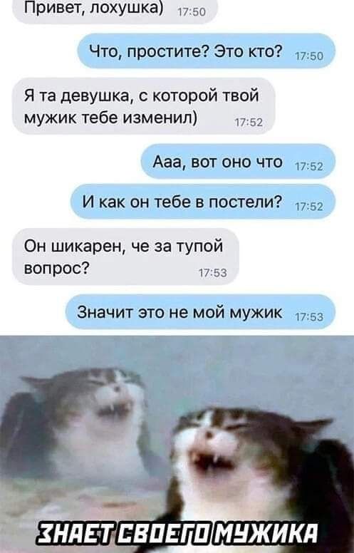 Привет похушка Что простите Это кто Я та девушка с которой твой мужик тебе изменил Ааа вот оно что И как он тебе в постели Он шикарен че за тупой вопрос Значит это не мой мужик
