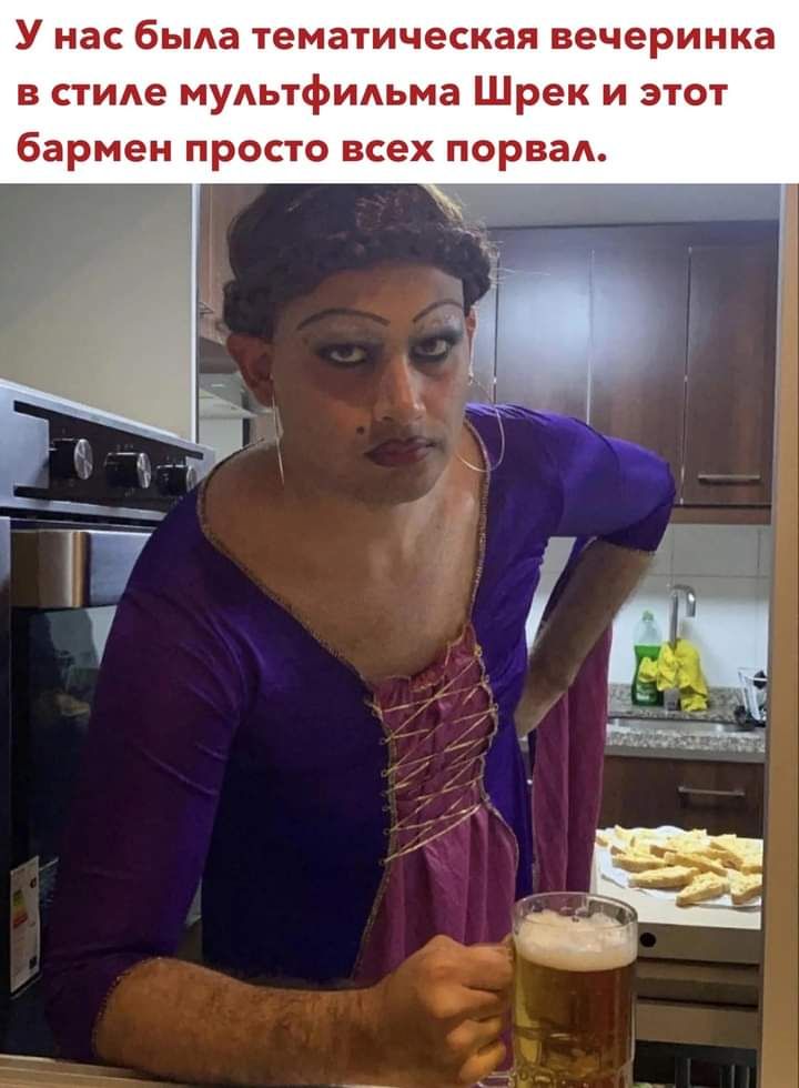 У нас была тематическая вечеринка в стиле мультфильма Шрек и этот бармен просто всех порвад