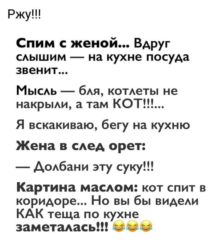 Ржу Спим женой Вдруг САЫШИМ на кухне посуда звенит Мысь бАЯ кометы не накрьми а там КОТ Я вскакиваю бегу на кухню Жена в САеА орет АсАбани эту суку КЗРТИНЗ МЗСАОМ КОТ СПИТ В коридоре Но вы бы видехи КАК теща по кухне _ заметадась