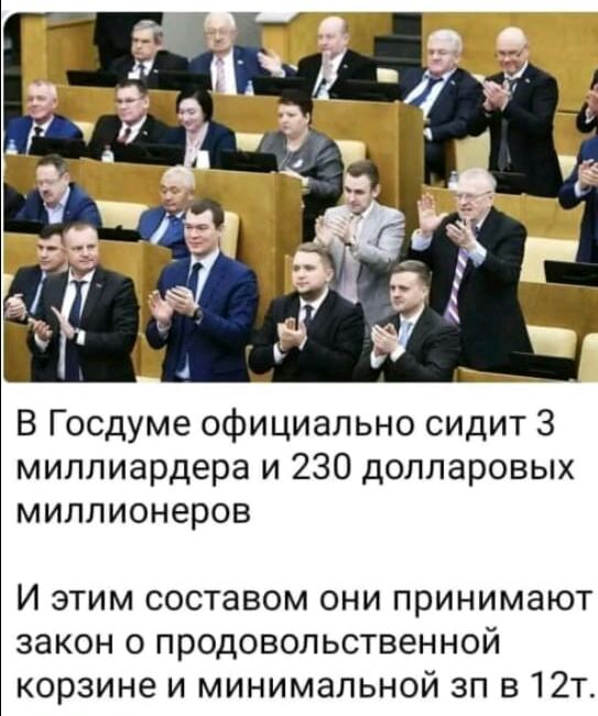 В Госдуме официально сидит З миллиардера и 230 долларовых миллионеров И этим составом они принимают закон о продовольственной корзине и минимальной зп в12т