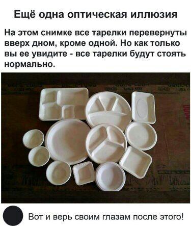 Ещё одна оптическая иллюзия На зюм снимке все тарелки перевериуты вверх дном кроме однои Но как только вы ее увидите все тарелки будут стоять нормально Вот и верь своим глазам после этого