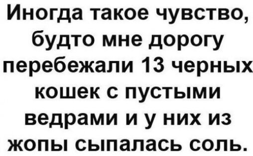 Иногда такое чувство будто мне дорогу перебежапи 13 черных кошек с пустыми ведрами и у них из жопы сыпалась соль