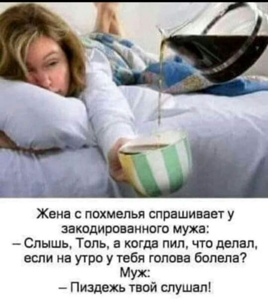 Жена с похмелья спрашивает у закодированного мужа Слышь Толь а когда пил что делал если на утро у тебя голова болела Муж Пиздежь твой слушал