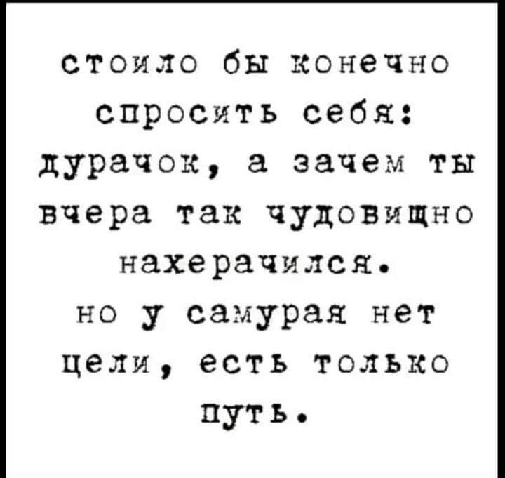 стоило бы конечно спросить себя дурачок а зачем ты вчера так чудовищно нахерачился но у самурая нет цели есть только путь