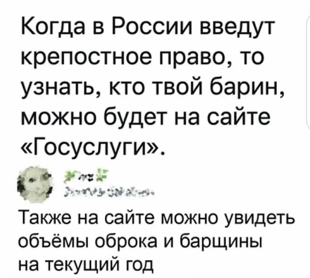 Когда в России введут крепостное право то узнать кто твой барин можно будет на сайте Госуслуги За гоърим Также на сайте можно увидеть объёмы оброка и барщины на текущий год