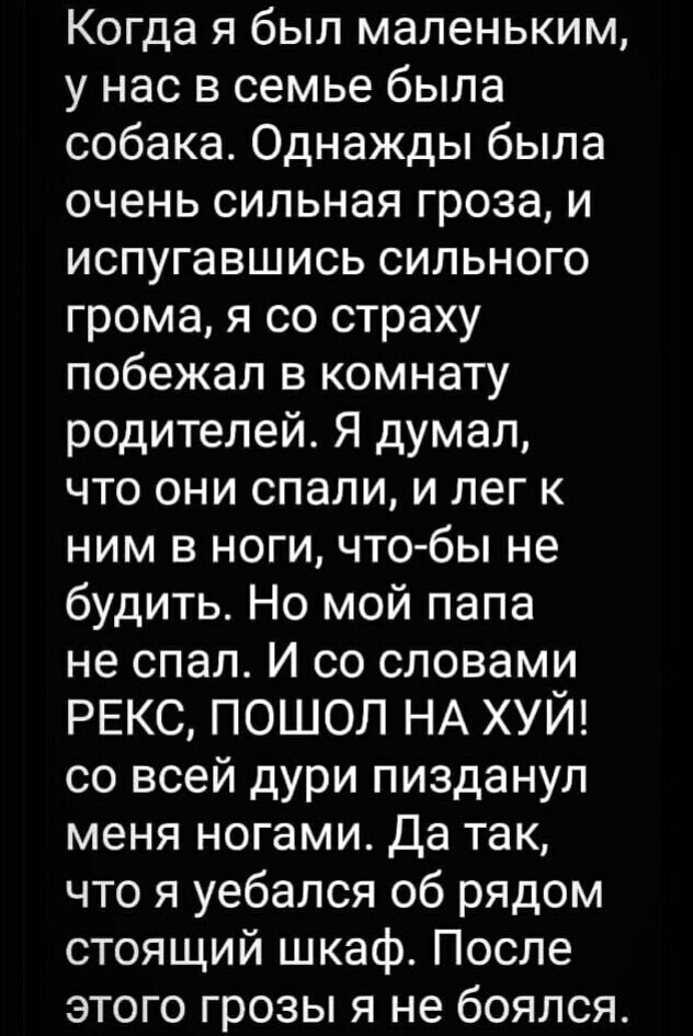 Когда я был маленьким у нас в семье была собака Однажды была очень сильная гроза и испугавшись сильного грома я со страху побежал в комнату родителей Я думал что они спали и лег к ним в ноги что бы не будить Но мой папа не спал И со словами РЕКС ПОШОЛ НА ХУЙ со всей дури пизданул меня ногами Да так что я уебался об рядом стоящий шкаф После этого грозы я не боялся