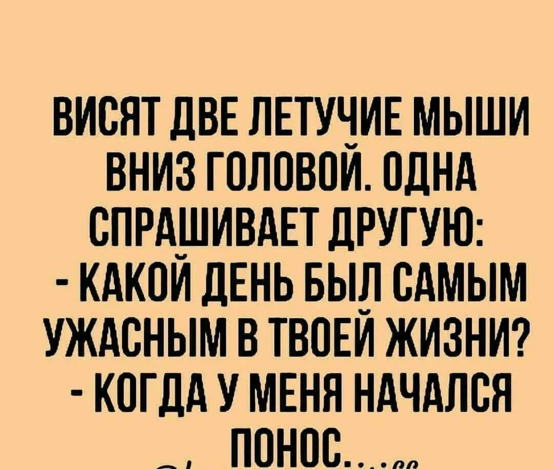 Висят две летучие мыши вниз головой. Одна спрашивает другую:  какой день был самым ужасным в твоей жизни?  Когда у меня начался  п0н0с