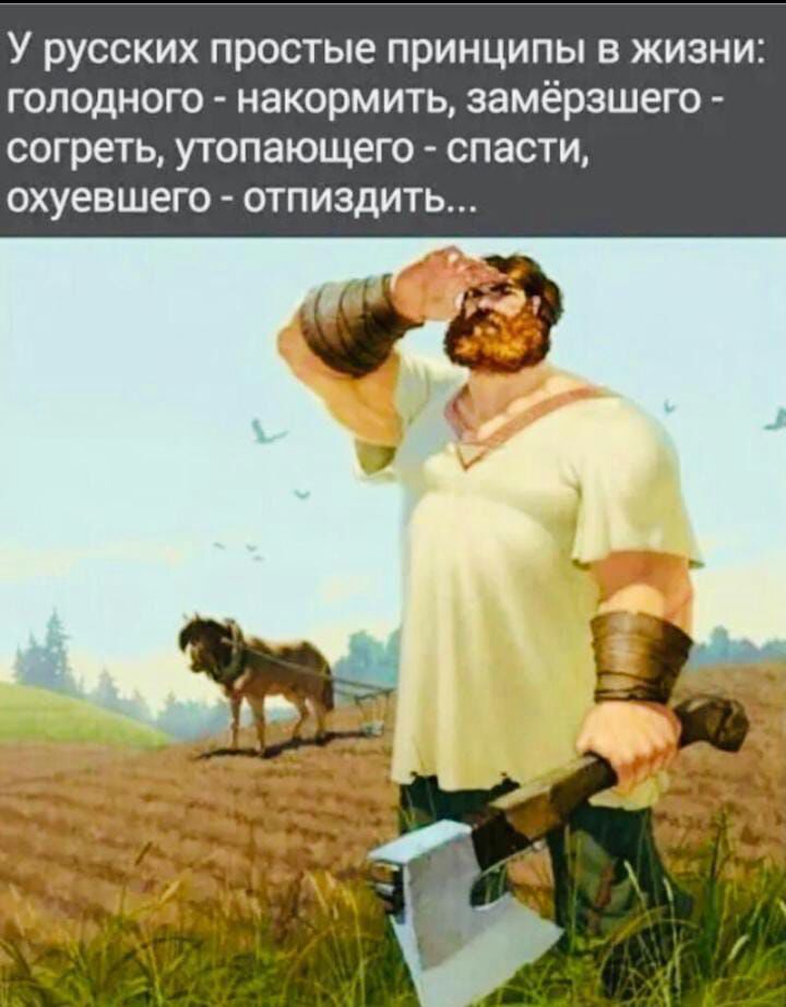 У русских простые принципы в жизни голодного накормить замёрзшего согреть утопающего спасти охуевшего отпиздить