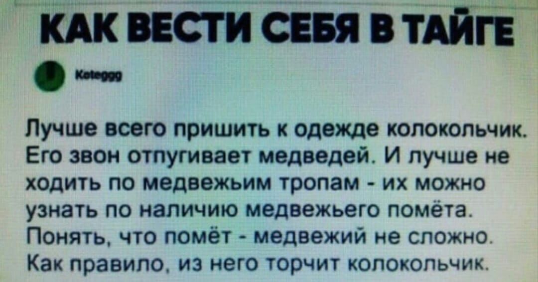 Лучше всего пришить к одежде колокольчик Его звон отпугивает медведей И лучше не ходить по медвежьим тропам их можно узнать по наличию медвежьего помёта Понять что помёт медвежий не сложно Как правило из него торчит колокольчик