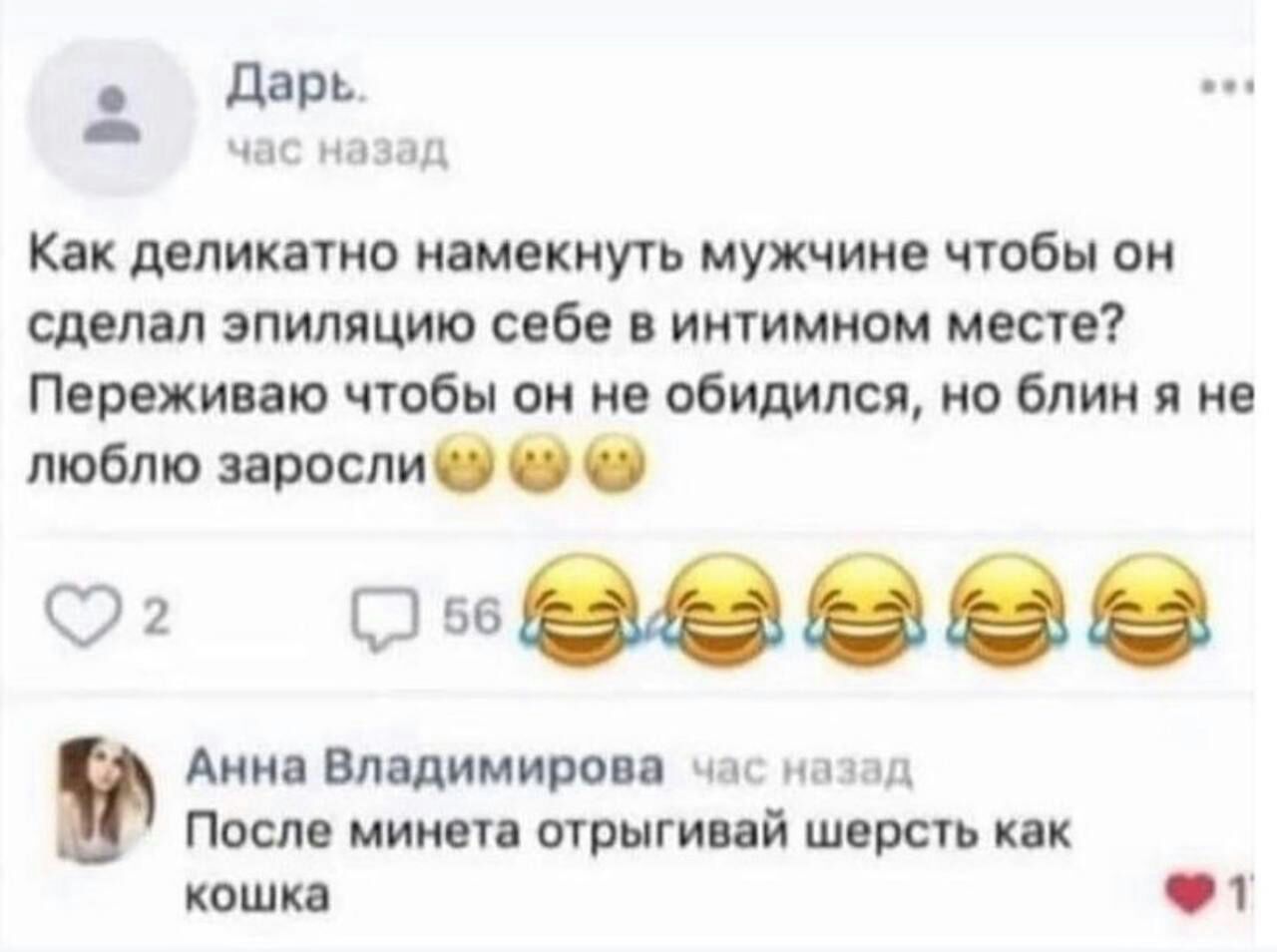 е Дарь час назад Как деликатно намекнуть мужчине чтобы он сделал эпиляцию себе в интимном месте Переживаю чтобы он не обидился но блин я не люблю заросли 2 о сееее Анна Владимирова час назад После минета отрыгивай шерсть как кошка 1