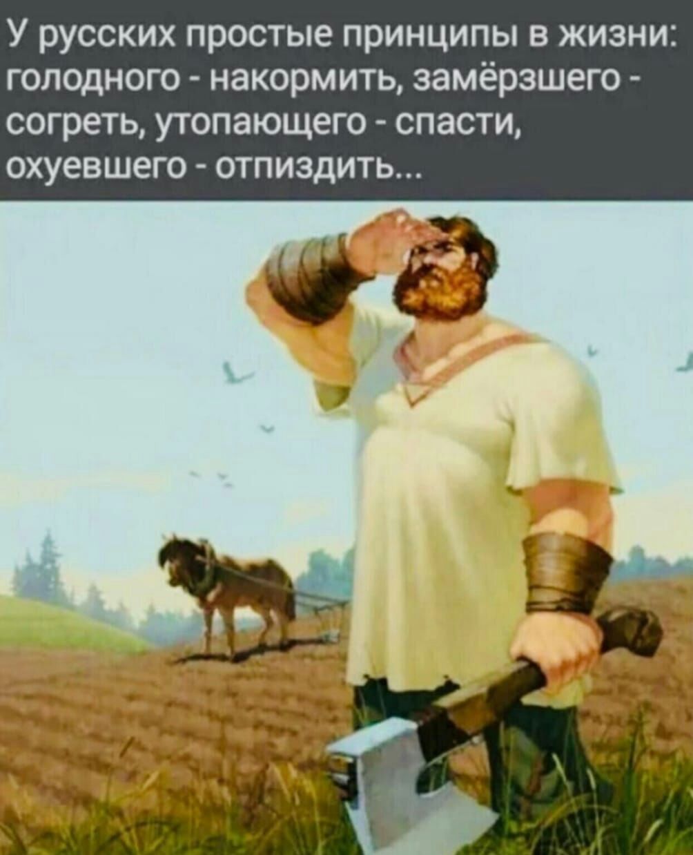 У русских простые принципы в жизни голодного накормить замёрэшего согреть утопающего спасти охуевшего отпиздить
