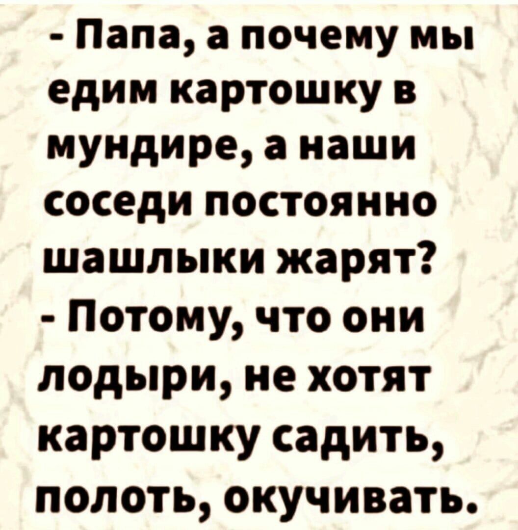 Папа а почему мы едим картошку в мундире а наши соседи постоянно шашлыки жарят Потому что они лодыри не хотят картошку садить полоть окучивать