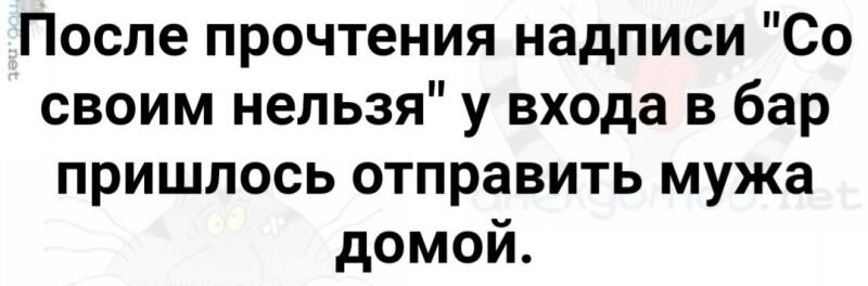 После прочтения надписи Со своим нельзя у входа в бар пришлось отправить мужа домой