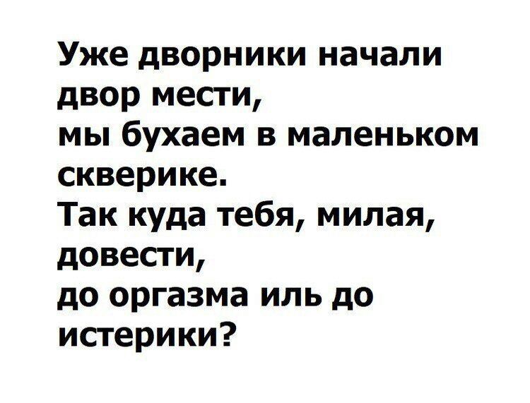 Уже дворники начали двор месги мы бухаем в маленьком скверике Так куда тебя милая довесги до оргазма ипь до исгерики