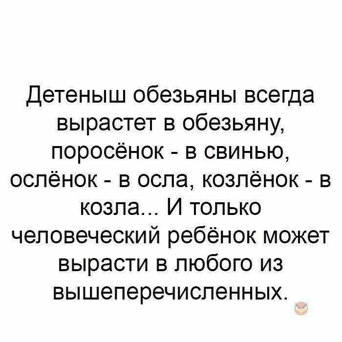 Детеныш обезьяны всегда вырастет в обезьяну поросенок в свинью оспёнок в оспа козпёнок в козла И только человеческий ребёнок может вырасти в любого из вышеперечиспенных