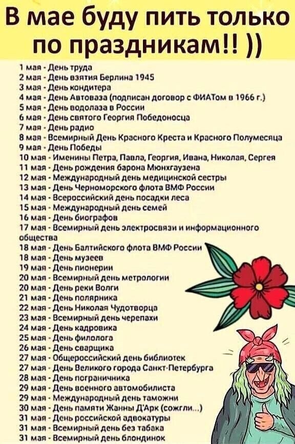 В мае буду пить только по праздникам ми д нь туда 2 мня день взяти Бернини 1945 3 мая день канлипра 4 мои дциь Анапп подписям договор ФИАТои п 1966 г 5 мои день подолом России 6 мм дь ентот Георгия Победоносца 7 или день рпдио ман Всемирный день Красного креста и Красного Полумесица 9 или донь Победы 10 нап Именины пт Пиши Георгии Ивана Николаи перт ма день рождения баронп Мюнхгаузена 12 мая Мещун